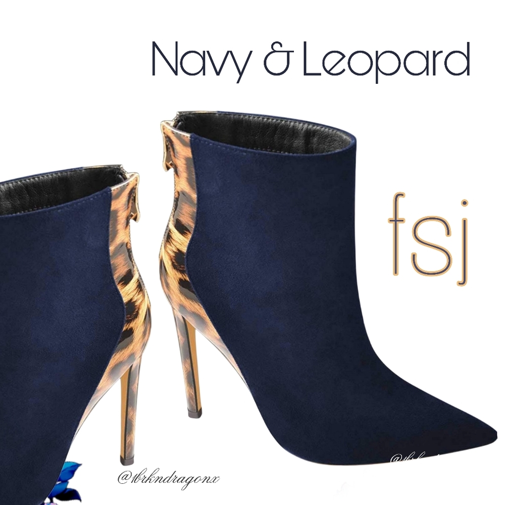 NWT Navy or Black Leopard Stilettos Two Tone Booties Polished Dress Booties - Picture 12 of 14